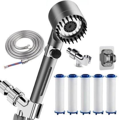 Shower Drops Head Filtered Showerhead With Five Filters,Filtered Shower Head With Handheld,High Pressure Turbo Showerhead,Reusable,Adjustable Settings With Hose 5-piece set