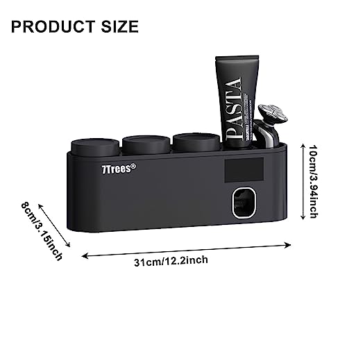 Toothbrush Sanitizer, Self Adhesive Toothbrush Holder with 3 Cups, Automatic Toothpaste Squeezer Dispenser Bathroom Accessories Set (Black)