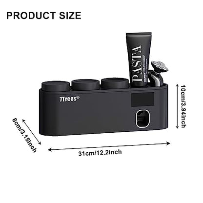 Toothbrush Sanitizer, Self Adhesive Toothbrush Holder with 3 Cups, Automatic Toothpaste Squeezer Dispenser Bathroom Accessories Set (Black)