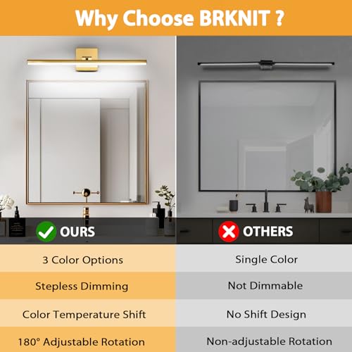 LED Bathroom Vanity Light, Modern Bathroom Light Fixture Over Mirror (3000K/4000K/6000K, Dimmable), Vanity Light Bar with Angle Adjustable, 24 Inch, Brass - color: Brass, size: 24 inch