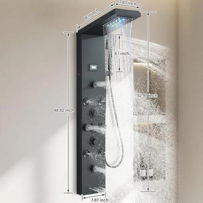 FUZ Shower Panel Tower System, Stainless Steel 6 IN 1 Shower Panel System with LED Fancy Rain Shower Head and Handheld, Adujstable Rainfall Massage Body Jets and Tub Spout, Matte Black Shower Tower - color: Black, style: 8109-B