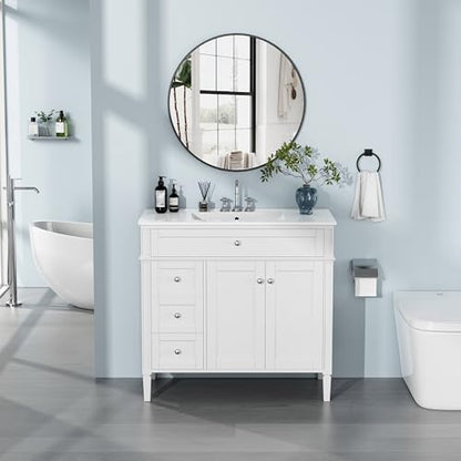 36" Bathroom Vanity with Sink, Solid Wood Frame Modern Bathroom Vanity, Bathroom Single Sink Cabinet with Charging Station, White - color: White, size: 36 inch