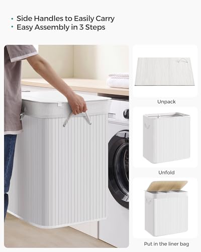 SONGMICS Laundry Hamper, 39.6 Gallons (150L), 3-Section Laundry Basket, Laundry Hamper with Lid, Bamboo, Foldable, Removable and Machine Washable Liner, for Laundry Room, Bedroom, White ULCB091W01 | Foldable Laundry Basket, Removable and Machine Washable