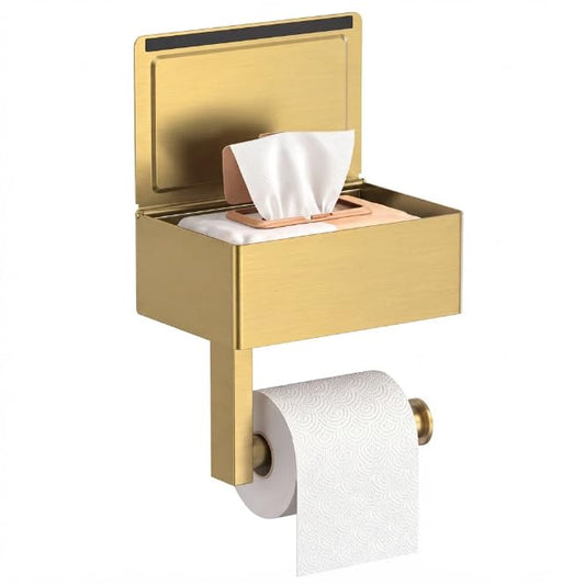 FORIOUS Toilet Paper Holder with Shelf, Wall-Mounted Modern Wipes Dispenser | Brushed Gold | Toilet Paper Holder with Storage | Baby Wipes Dispenser for Bathroom | 6.5"x4.5" Lighter Shelf - color: Brushed Gold, size: 1 Pack-6.5" (L)