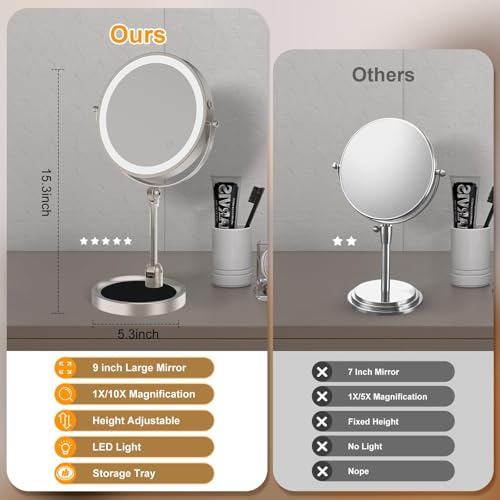 Tabletop Makeup Mirror with Built-in Vanity Tray, 9" Rechargeable 4000mAh Lighted Vanity Mirror 1X/10X Magnification, Height-Adjustable Arm, 3 Color Dimmable (9Inch Nickel) - color: 9inch Nickel