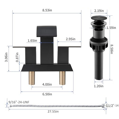 Black Waterfall Bathroom Faucet - 4Inch 2 or 3 Holes Centerset Faucet Bathroom | Two Handles Widespread Lavatory Vanity Sink Faucets with Overflow Pop-up Drain & Supply Lines Matte Black - color: B-Matte Black 4In