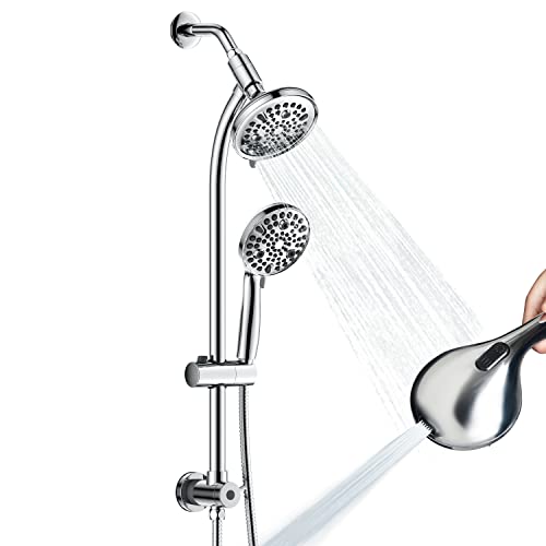 High Pressure Handheld/Rain 82-mode 3-way Shower Head Combo with 25.75" Adjustable Drill-free Stainless Steel Slide Bar, Pet & Tub Power Wash and Anti-clog Nozzles, with 5ft Hose - Polished Chrome - color: Polished Chrome