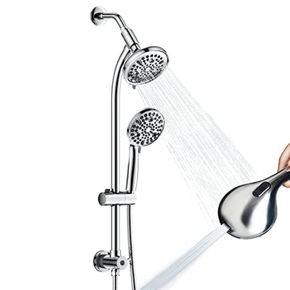 High Pressure Handheld/Rain 82-mode 3-way Shower Head Combo with 25.75" Adjustable Drill-free Stainless Steel Slide Bar, Pet & Tub Power Wash and Anti-clog Nozzles, with 5ft Hose - Polished Chrome - color: Polished Chrome