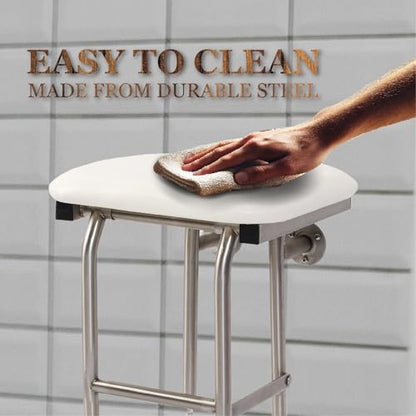 Padded Folding Shower Seat with Legs - Wall Mount Bench for Inside Shower / Bathroom Safety Assist / 304 Stainless Steel / Marine Vinyl / 32" x 16" - size: 32 x 16"