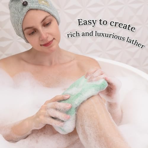 myHomeBody Exfoliating Washcloths for Showering, Light Green, Set of 2 | Stretches for Hard-to-Reach Areas, Loofah Body Scrubber Exfoliator, Back Shower Towel, Bath Washer for Exfoliation
