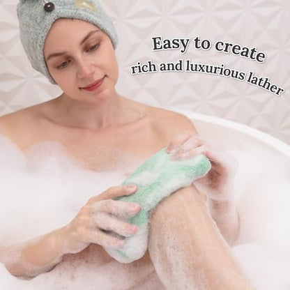 myHomeBody Exfoliating Washcloths for Showering, Light Green, Set of 2 | Stretches for Hard-to-Reach Areas, Loofah Body Scrubber Exfoliator, Back Shower Towel, Bath Washer for Exfoliation