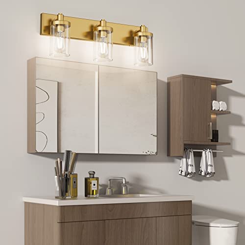 Aipsun Gold Vanity Light 3 Lights Bathroom Vanity Lighting Fixtures Over Mirror Bathroom Wall Light with Clear Glass Shade(Exclude Bulb) - color: Gold, size: 3-Light