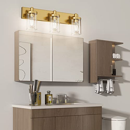 Aipsun Gold Vanity Light 3 Lights Bathroom Vanity Lighting Fixtures Over Mirror Bathroom Wall Light with Clear Glass Shade(Exclude Bulb) - color: Gold, size: 3-Light