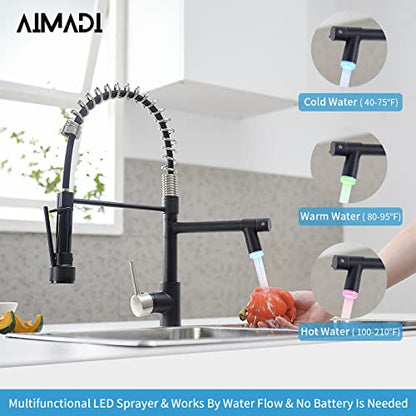 AIMADI Kitchen Faucet Black,Black Stainless Steel Kitchen Faucet | with Pull Down Sprayer,Single Handle Faucet for Kitchen Sink with LED Light - color: Black Nickel, style: with LED Sprayer