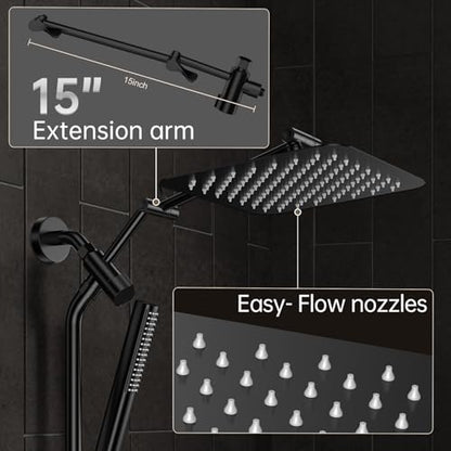 Veken 10" Luxurious All Metal Rain Shower Head with Handheld Spray Combo, High Pressure Rainfall Square Shower Heads with Extension Arm, Wide Dual Showerhead, Bathroom Accessories, Matte Black - color: Matte Black