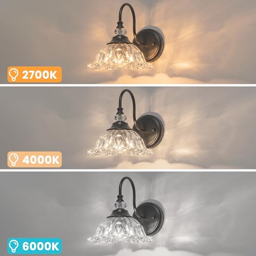 1-Light Black Vintage Wall Sconce, Flower Glass Shade Wall Mounted Light Fixture, E26 Base Farmhouse Vanity Lighting for Bathroom Bedroom Hallway Entryway
