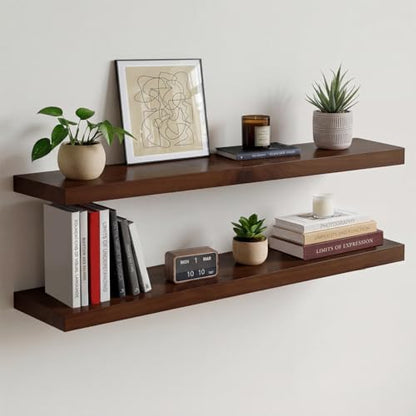 Walnut 36 inch Floating Shelf, High End Solid Real Wood 36inch Large Shelves for Bathroom Wall, Dark Brown 36 inches Long Floating Shelves, Heavy Duty Bracket, 36 X 6.5 X 1.75 inch, Set of 2 - color: American Walnut - Satin Dark Tone, size: 36 inch