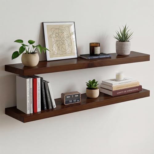 Walnut 36 inch Floating Shelf, High End Solid Real Wood 36inch Large Shelves for Bathroom Wall, Dark Brown 36 inches Long Floating Shelves, Heavy Duty Bracket, 36 X 6.5 X 1.75 inch, Set of 2 - color: American Walnut - Satin Dark Tone, size: 36 inch