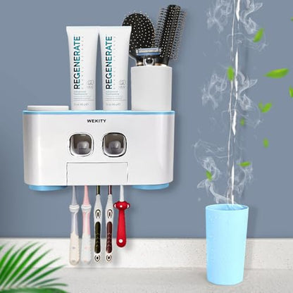 Toothbrush Holder Wall Mounted, WEKITY Multi-Functional Toothbrush and Toothpaste Dispenser for Bathroom, with 5 Toothbrush Slots, 2 Toothpaste Squeezers and 4 Cups(Blue) - color: Blue