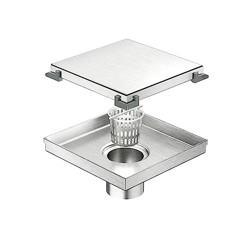 Neodrain 6" Brushed Square Shower Drain with Removable Tile Insert Grate | 304 Stainless Steel Tile Square Drain, Hidden Drain,Easy to Clean, Waterproof & Sturdy Shower Drain, CUPC Certified - color: Brushed, size: 6 IN