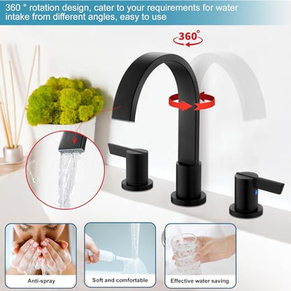 Midanya 8 Inch Widespread Bathroom Sink Faucet 3 Hole,Matte Black | Waterfall Swivel Spout,2 Handle,SUS304,with Pop Up Drain,cUPC 24" Water Hose,for 6-16” hole distance vanity,RV,Farmhouse Sink - color: Black