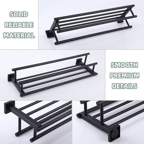 Angle Simple Bathroom Towel Shelf with Double Bar, Matte Black 23.62 Inches | Stainless Steel, 2-in-1 Versatile Bath Towel Holder Rack with Shelf, Ample Storage Space, Screw Mount - color: Matte Black, size: 23.62-Inch