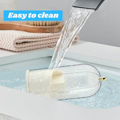 Rotating Toothbrush Holders with Sliding Lid & 4 Pcs Toothpaste Squeezers, Multifunctional 3 Slots Bathroom Organizer Countertop for Tooth Brush, Toothpaste, and Makeup Brushes