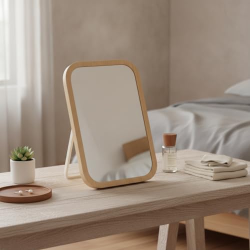 Fits Bedroom and Bathroom Countertops, Foldable Wood Frame Vanity Mirror with Adjustable Angle, Compact Glass Desktop Mirror for Daily Use