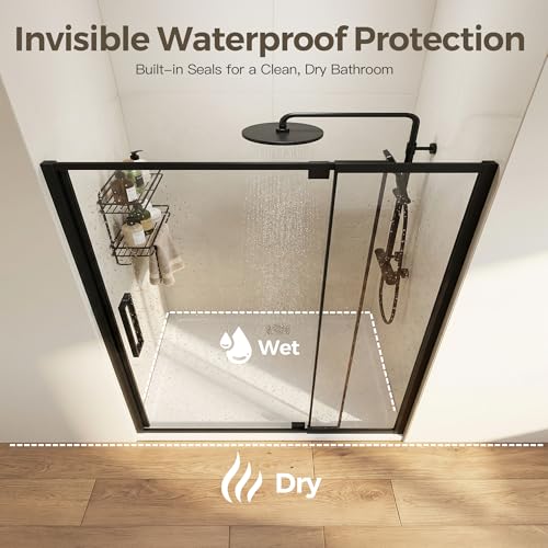 44-48" W x 72" H Pivot Shower Doors, Semi-Frameless Swing Glass Shower Doors Water Repellent, with 1/4" (6mm) Clear SGCC Tempered Glass, Reversible Installation, Matte Black Finish | 1/4" (6mm) Clear SGCC Tempered Glass with a 24.8" walk-in opening, Matte