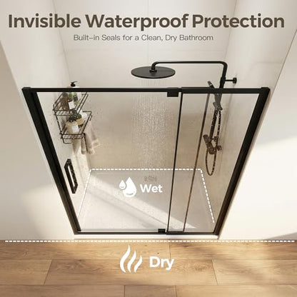 44-48" W x 72" H Pivot Shower Doors, Semi-Frameless Swing Glass Shower Doors Water Repellent, with 1/4" (6mm) Clear SGCC Tempered Glass, Reversible Installation, Matte Black Finish | 1/4" (6mm) Clear SGCC Tempered Glass with a 24.8" walk-in opening, Matte
