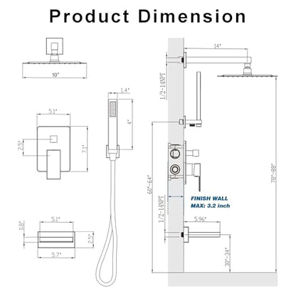 Tub Shower System with 10" Rain Head, Handheld & Valve Kit | All-Metal Tub Shower Faucet Set, Wall Mounted Rain Showerhead, Handheld Spray, Includes Valve and Trim Kit, Brushed Nickel - color: Brushed Nickel 10