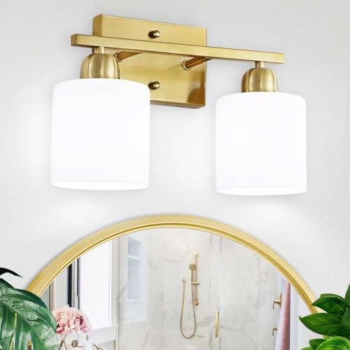 2 Light Bathroom Vanity, Bathroom Lights Over Mirror with Milky White Frosted Glass Shades, Gold Vanity Light for Mirror Living Room Bedroom Hallway E26 Base - color: Gold & Milky White Glass, size: 2-Light