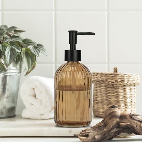Glass Soap Dispenser with Plastic Pump, Hand Soap Dispenser for Hand Wash, Lotion Dispenser for Dishwashing Liquid, Lotion Shower Gel (Striped Brown) - color: Striped Brown