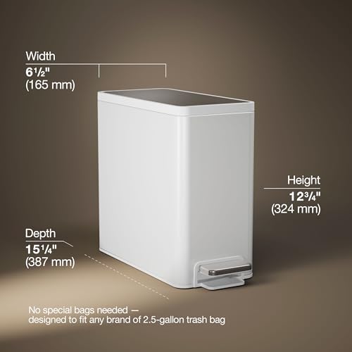 Kohler 20957-STW 2.5 Gallon Slim Step Trash Can, Bathroom Trash Can with Soft-Close Foot Pedal, White with Stainless Steel - color: White Stainless Steel, size: 2.5 Gallon - Step Can