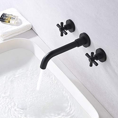 SUMERAIN Matte Black Bathroom Faucet, Wall Mount | 2 Cross Handles, 360°Swivel Spout, Rough-in Valve Included - color: Matte Black