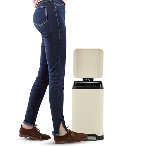 happimess Betty Retro Mini 3.2 Gal Step Trash Can, Limestone Beige | Soft-Close Lid, Removable Liner, Iron, Hands-Free Pedal, Satin Finish, Non-Skid Base, Built-In Damper, Modern, Minimalistic - color: Limestone Beige