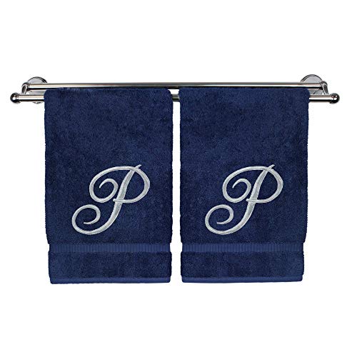 BC BARE COTTON Monogrammed Hand Towel, Navy, 16 x 30 Inches - Set of 2, 100% Turkish Cotton, Extra Absorbent, Soft Terry Finish, Personalized Gift - color: Silver on Navy, style: Initial P
