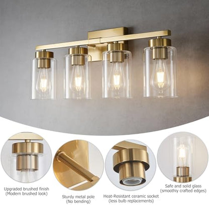 4-Light Bathroom Light Fixtures, Gold Modern Vanity Lights Over Mirror, Bathroom Wall Sconces with Clear Glass Shade for Living Room Bedroom Hallway Cabinet Porch - color: Gold