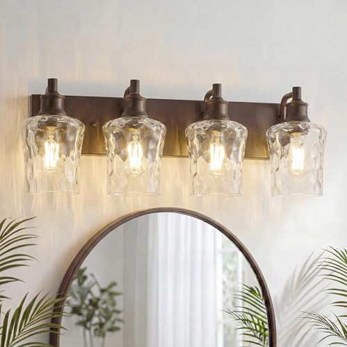 Bathroom Light Fixtures Farmhouse Oil Rubbed Bronze Vanity Lights for Bathroom Lighting Fixtures Over Mirror with Hammered Glass Lampshade for Cabinet Mirror Bedroom Hallway 4 Light - color: Oil-Rubbed Bronze, size: 4 Lights