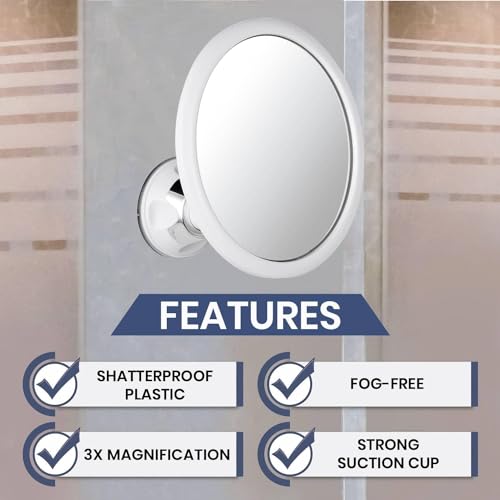3X Magnifying Shower Mirror for Fogless Shaving, 6.7" Diameter | Shatterproof Round Anti Fog Shaving Mirror with Strong & Sticky Suction & 360° Swivel - Magnified for Close & Clear Shaving