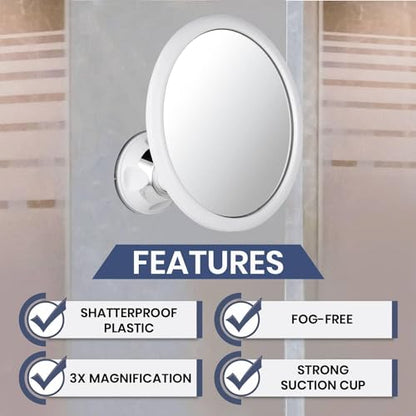 3X Magnifying Shower Mirror for Fogless Shaving, 6.7" Diameter | Shatterproof Round Anti Fog Shaving Mirror with Strong & Sticky Suction & 360° Swivel - Magnified for Close & Clear Shaving