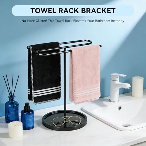 Free Standing Towel Rack for Bathroom Countertop - Upgraded S-Shaped Hand Towel Holder Stand, 14" Tall Rustproof Pedestal Towel Hanger for Vanity, Kitchen & RV, Heavy Duty Non-Slip Base, Black