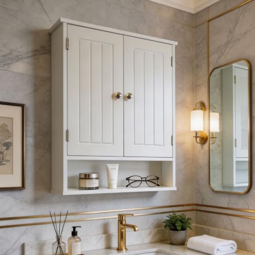 Bathroom Wall Cabinet, Over Toilet Storage Medicine Cabinet with 2 Doors and Adjustable Shelf, Small Above Toilet Bathroom Cabinet with Open Shelf (White, 4)