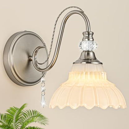1 Piece Brushed Nickel Finish Wall Sconce, 1-Light Modern Wall Sconce with Hanging Crystal Accents and Flower-Shaped White Shades for Bathroom Bedroom Living Room,Modern Vanity Light - color: Nickel and White, size: 1-Light