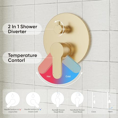 Gabrylly Gold Shower Head System, Shower Faucet Set with Pressure Balance Shower Valve, 10 Inch Shower Heads with 5-Setting handheld Spray Combo, High Pressure Shower Fixtures, Brushed Gold - color: Brushed Gold, style: 10 Inches-Without Tub Spout