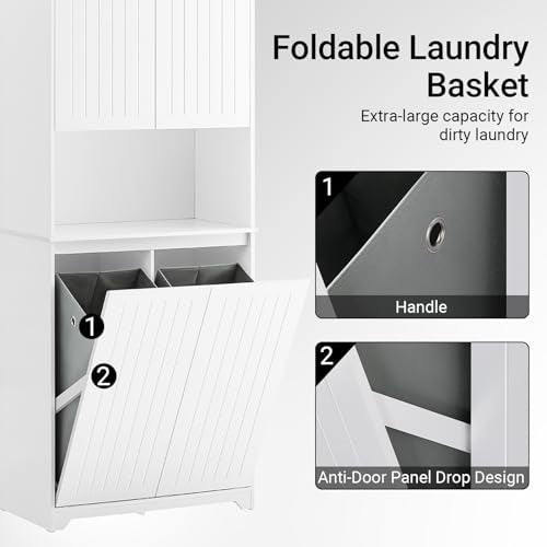 SoBuy Double Tilt Out Laundry Hamper Cabinet, 27.6 x 14.6 x 36.9 in, White | Double Tilt Out Laundry Storage Cabinet With Adjustable Shelves, Tall Cabinet With Hidden Pull Out Baskets, SO2-BZR150-W - color: White, size: Tall