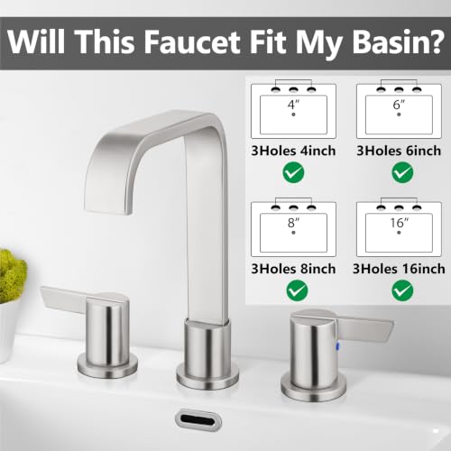 Brushed Nickel Bathroom Faucet 3 Hole 8 Inch Widespread Waterfall | 2-Handle Vanity Faucet, Pop-Up Drain, Supply Lines, Adjustable 4- to 16-Inch Widespread Fit, 360° Swivel Spout - color: Brushed Nickel