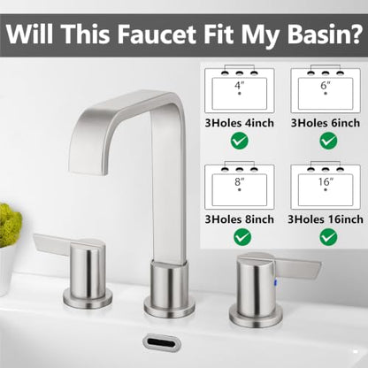 Brushed Nickel Bathroom Faucet 3 Hole 8 Inch Widespread Waterfall | 2-Handle Vanity Faucet, Pop-Up Drain, Supply Lines, Adjustable 4- to 16-Inch Widespread Fit, 360° Swivel Spout - color: Brushed Nickel