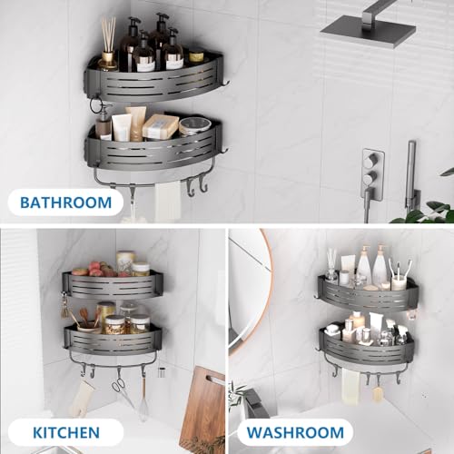Onemake Corner Shower Caddy with Suction Cups, 2-Pack Shelves for Bathroom | Removable Aluminum Wall Mounted Organizer Shelves, Storage Rack with Towel Bar & Portable Hooks, for Bathroom, Kitchen,Grey - style: 2 Tier-Gray-Triangle Caddies