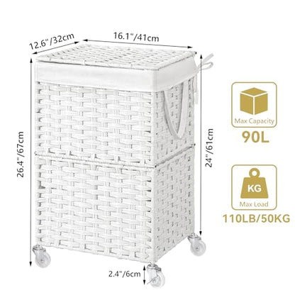 Chrislley Wicker Laundry Basket with Wheels,Rolling Laundry Hamper with Lid | 90L Slim Clothes Hamper with Wheels & Removable Liner Bag, Handwoven Rattan Laundry Organizer for Bedroom, Bathroom, White - color: White
